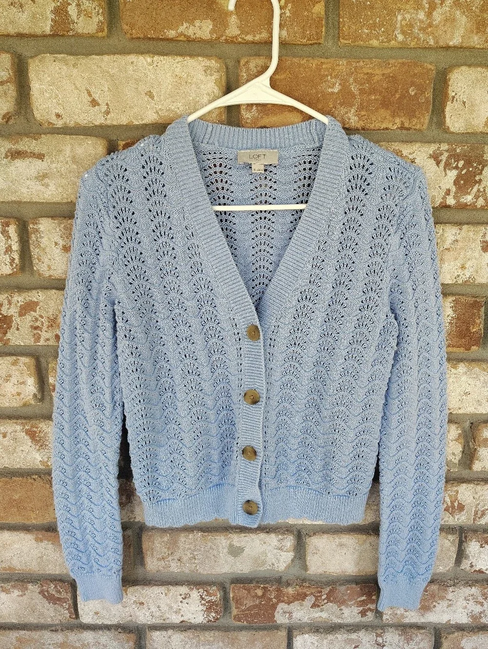 LOFT Light Blue Pointelle Knit Cardigan Sweater Womens Size XS Scalloped Cropped